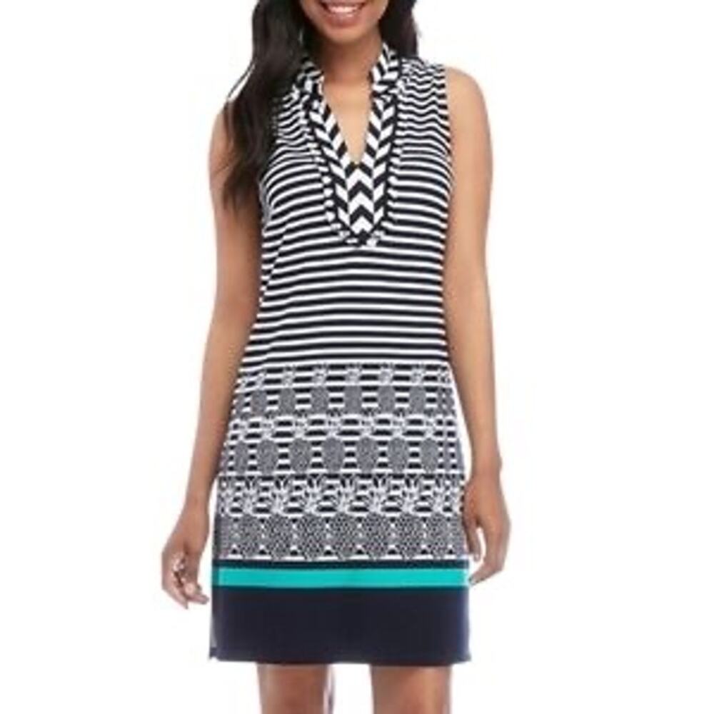 Crown Ivy Navy Stripe Cayo Coco Pineapple Shift Dress Navy/White/Teal Sz Large